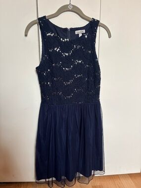 Navy Sequin Lace Bodice Party Dress